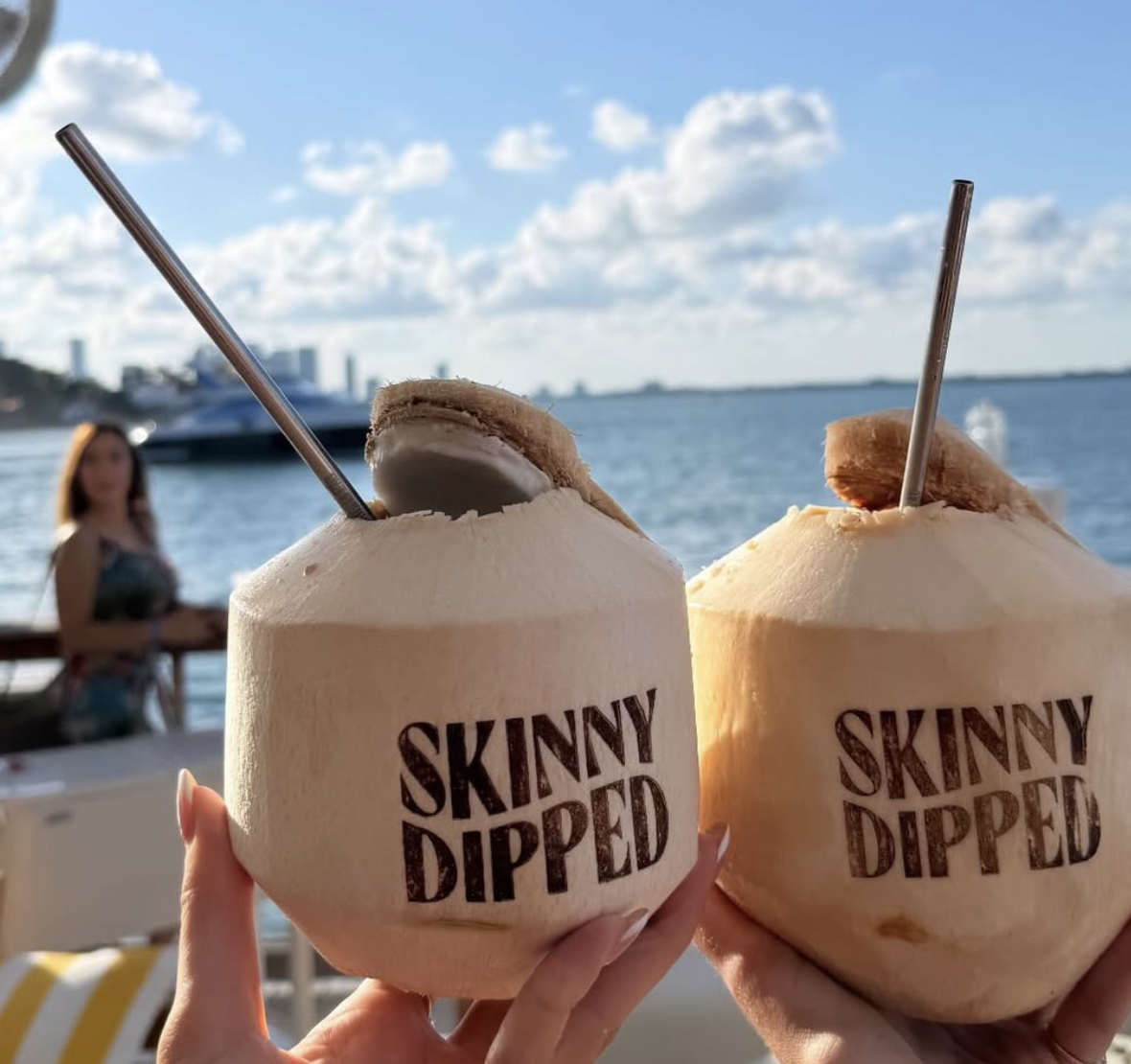 Skinny Dipped branded coconuts at Miami marina