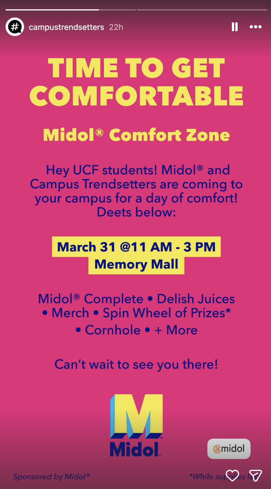 Midol Comfort Zone event promotion on Instagram
