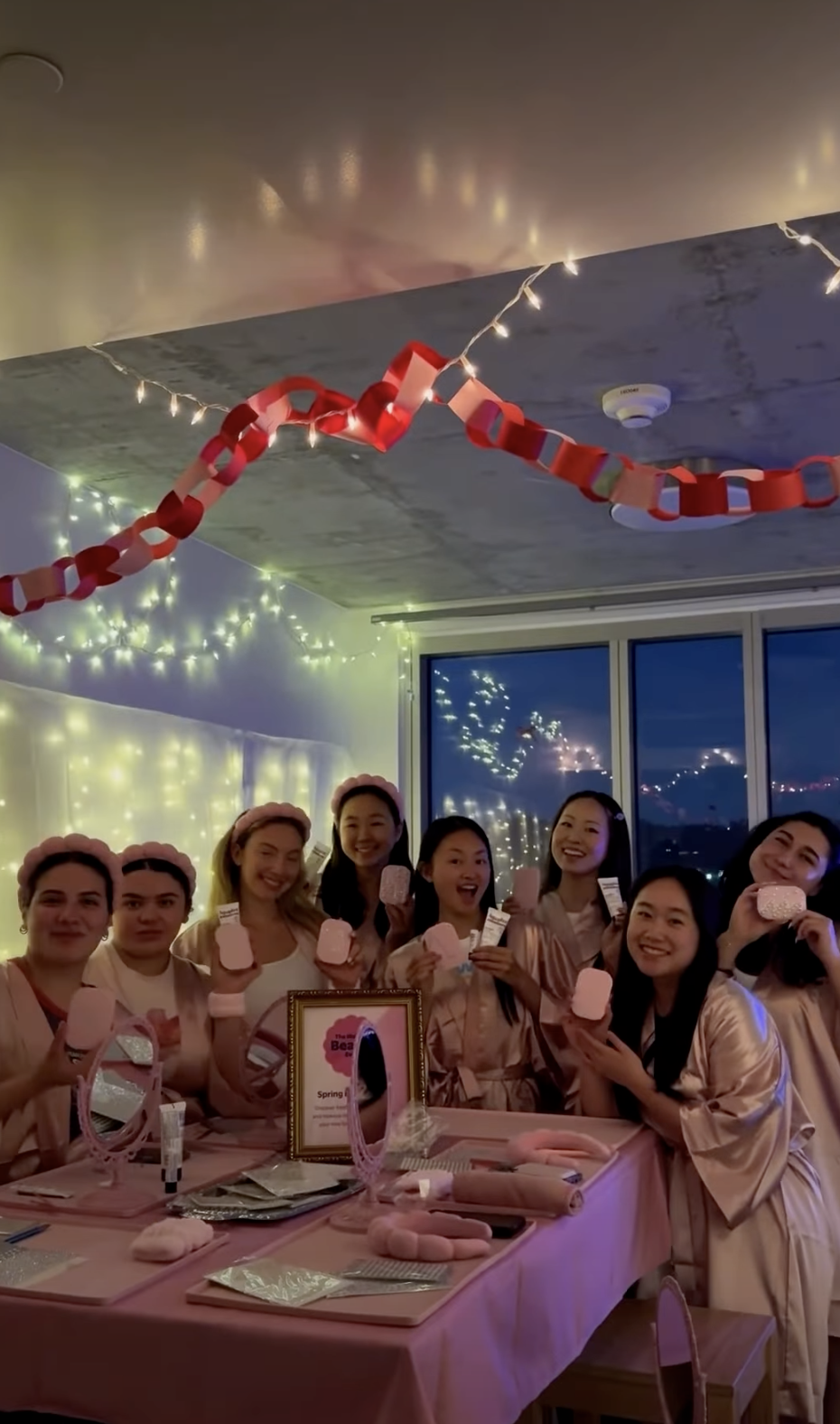 Girls night event with pink decorations and beauty products