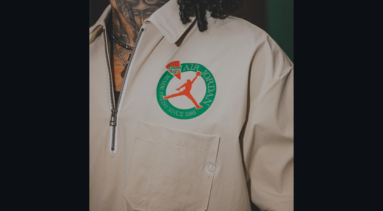 Air Jordan pizza-themed jacket detail